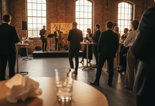 Die Gäste der Veranstaltung genießen die Livemusik der Band und lauschen den Klängen aufmerksam.