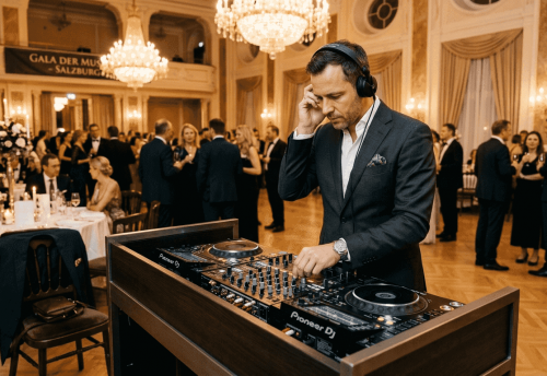 Stilvoll gekleideter DJ sorgt für beste Stimmung beim Gala-Abend in Salzburg.