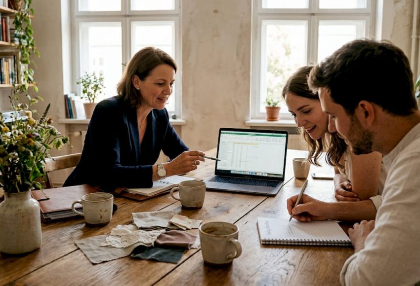 Ein Hochzeitsplaner sitzt gemeinsam mit dem Brautpaar am Tisch und gibt wertvolle Tipps für die bevorstehende Feier.
