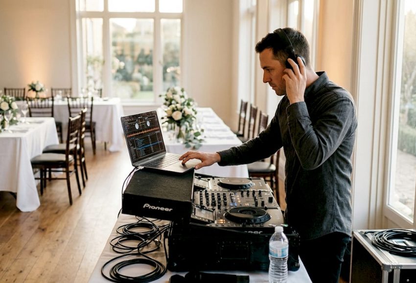 Ein DJ sorgt auf einer ausgelassenen Hochzeitsfeier für beste Stimmung.
