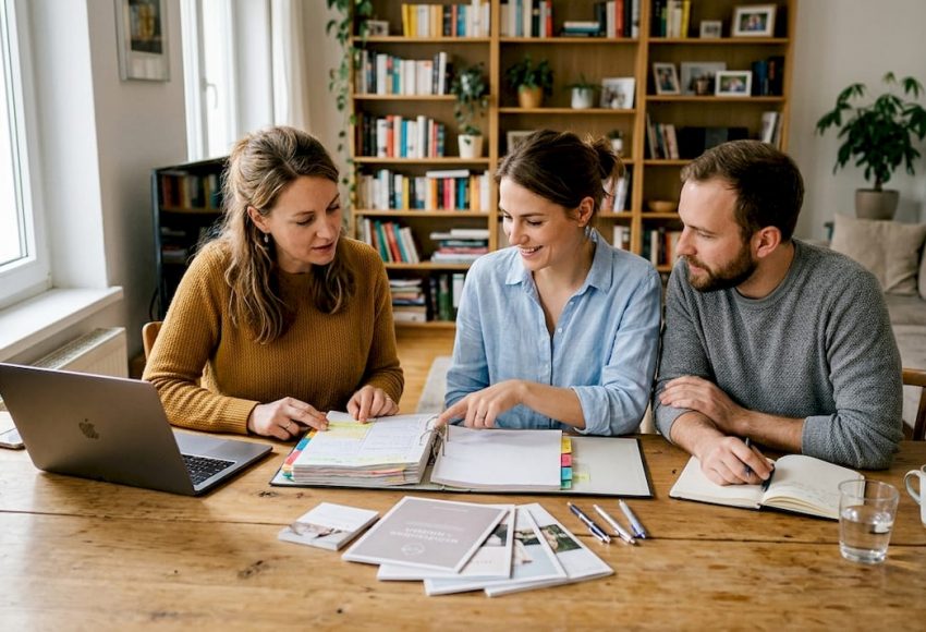 Die Hochzeitsplanerin bespricht gemeinsam mit dem Brautpaar alle Details am Tisch.