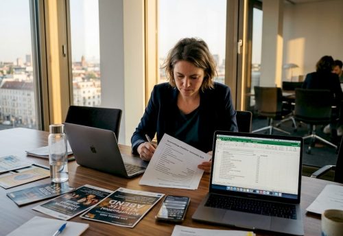 Der Eventmanager organisiert die Musikauswahl für die Firmenveranstaltung im Büro.