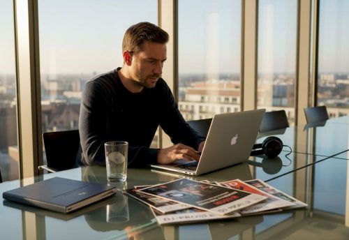 Eine Veranstaltungsmanagerin prüft verschiedene DJ-Profile, um den passenden für das nächste Firmenevent auszuwählen.