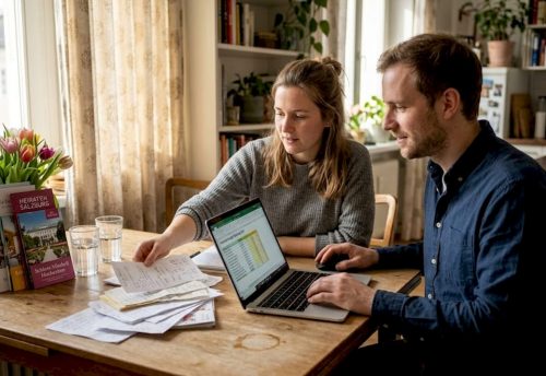 Ein Paar sitzt gemeinsam am Küchentisch und plant das Budget für ihre Hochzeit.