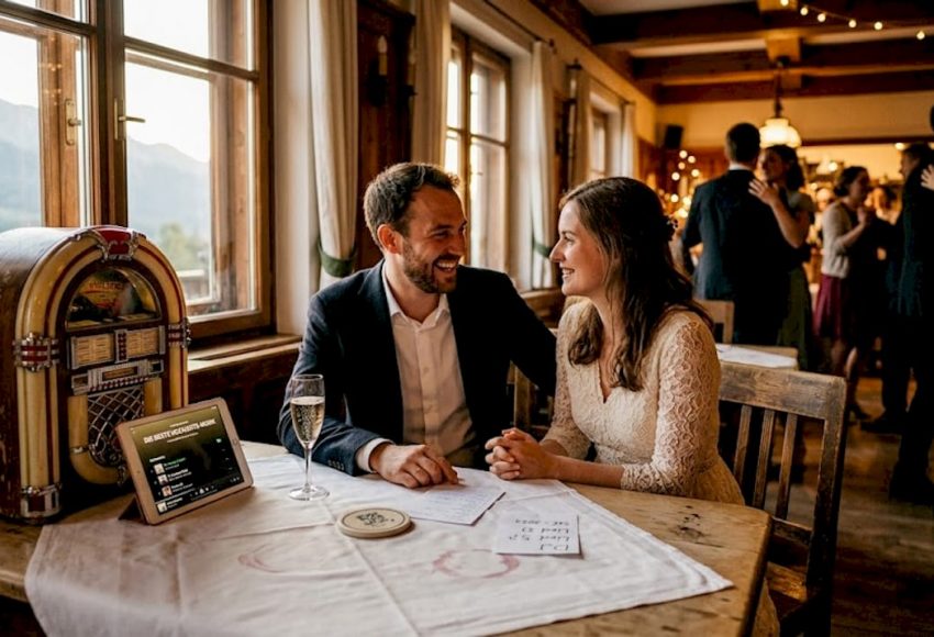Das Brautpaar sitzt gemeinsam am Tisch und plant die Musikauswahl für ihre Hochzeit.