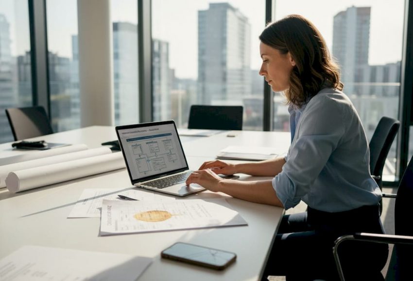 Ein Veranstaltungsmanager bespricht gemeinsam mit seinem Team am Konferenztisch die Planung für das kommende Event.