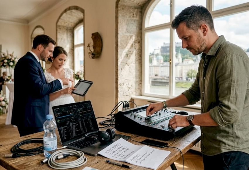Der DJ sorgt für die perfekte technische Ausstattung auf der Hochzeitsfeier in Salzburg.