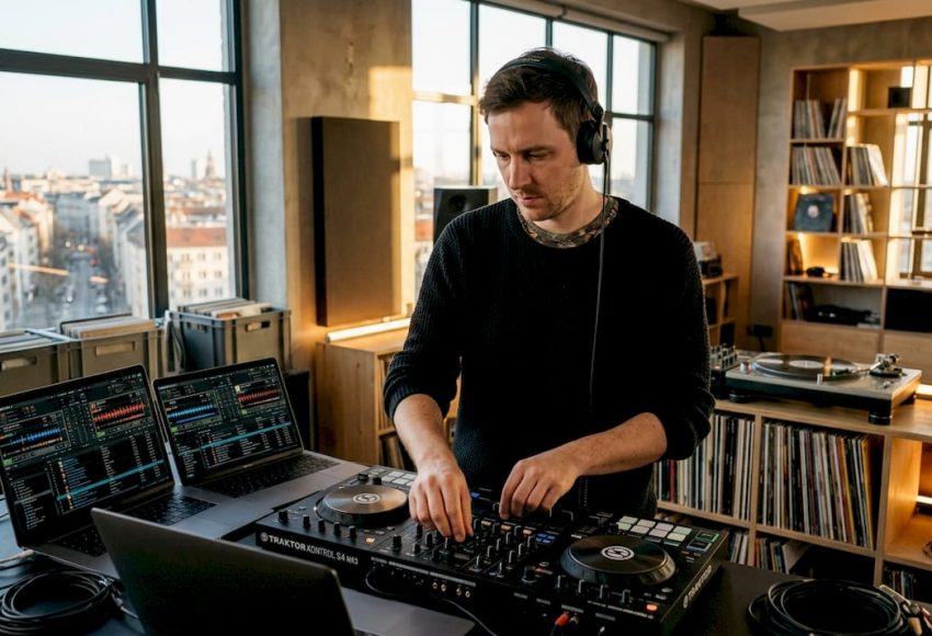 Ein DJ legt in seinem Heimstudio live auf und mixt verschiedene Tracks miteinander.