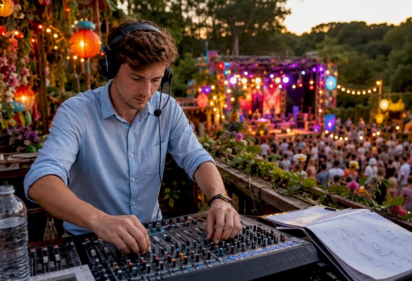 Ein Tontechniker steuert während eines Live-Konzerts das Mischpult und sorgt so für den perfekten Sound auf der Bühne.
