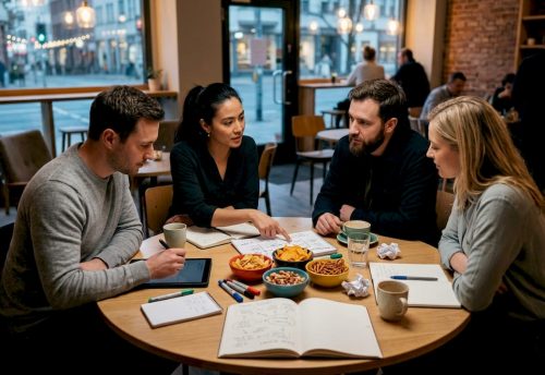 Ein Team bespricht gemeinsam im Konferenzraum die Planung einer Firmenveranstaltung.