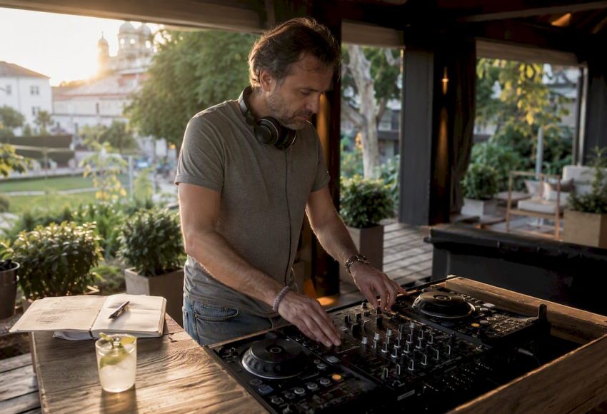 Ein DJ legt in der Eventhalle in Salzburg auf und sorgt mit seinem Mixerpult für die richtige Stimmung.