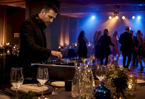 Der DJ hat vor, die Musik zwischen Dinner und Tanz zu wechseln.