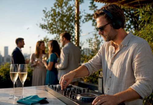 DJ legt Musik beim Sektempfang auf