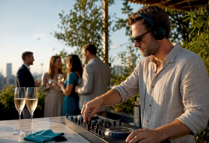 DJ legt Musik beim Sektempfang auf