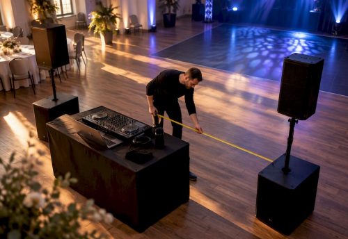 DJ-Aufbau mit gekennzeichneten Abständen im Festsaal