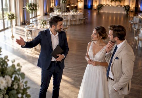 Moderator stimmt den Ablauf der Hochzeit mit dem Brautpaar ab