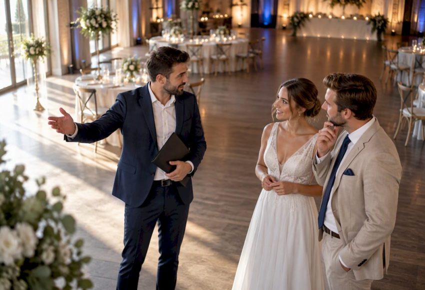 Moderator stimmt den Ablauf der Hochzeit mit dem Brautpaar ab