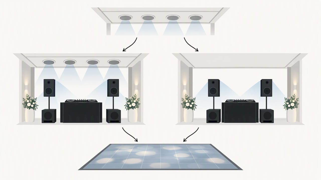Fest installierte Lautsprecher zusammen mit DJ-Soundequipment