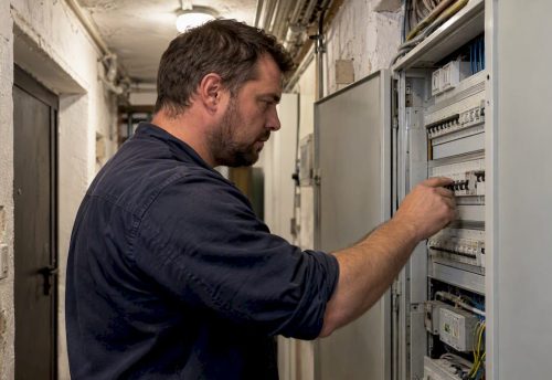 Elektriker kontrolliert den Sicherungsverteiler in einer Hochzeitslocation