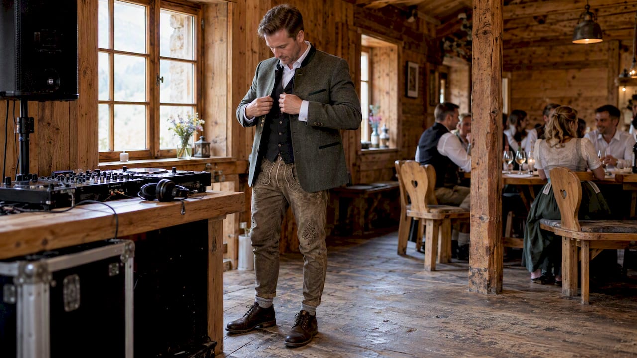 DJ im Trachtenjanker und sauberen Schuhen in einer Almhütte